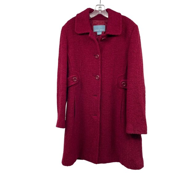 Nine West Womens Nubby Pea Coat Button Up Wool Blend Claret Size 14 Pockets - Picture 1 of 9